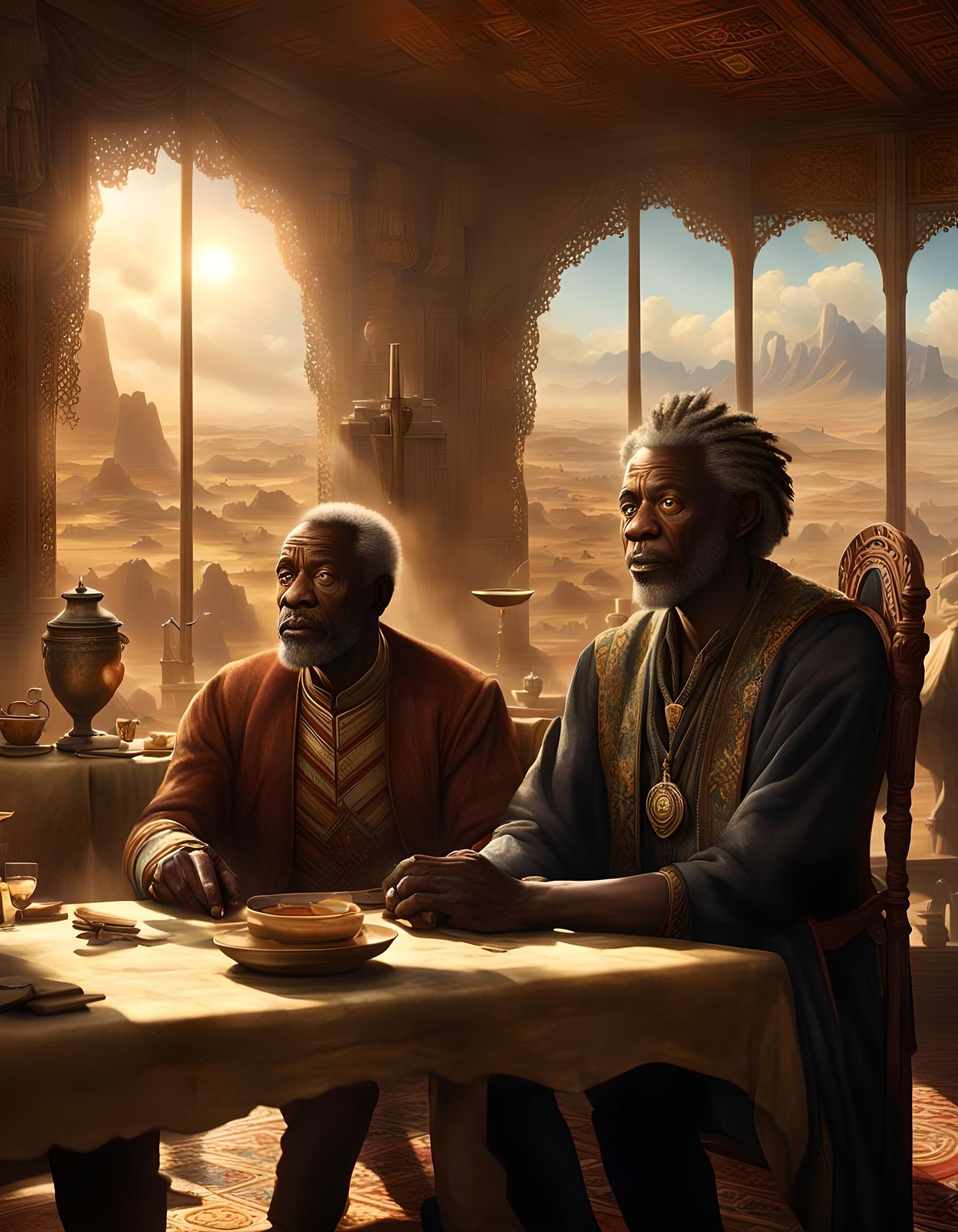 Europeans at Table with African Man: Digital Matte Painting