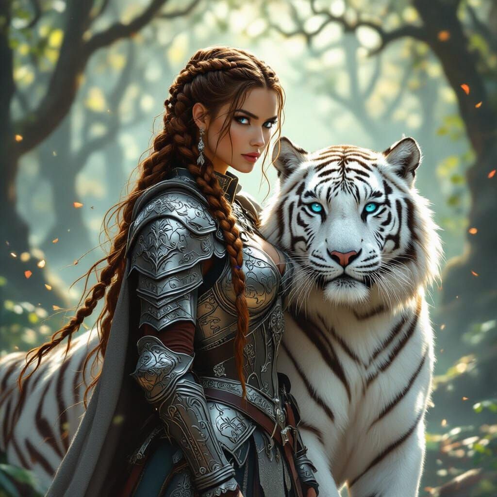 Medieval Warrior Woman and White Tiger in Fantasy Art Style