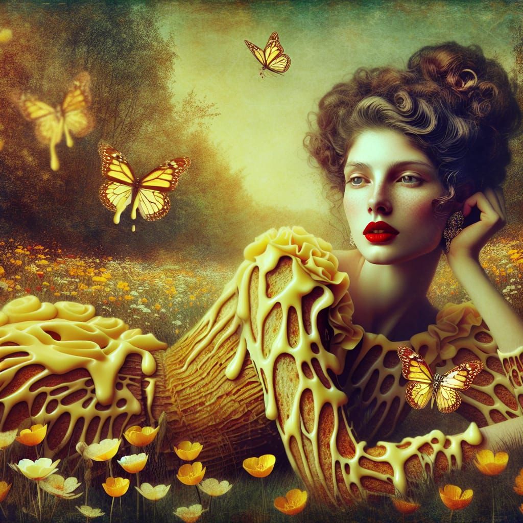 Buttercup Field Dreamscape with Woman in Toast Dress