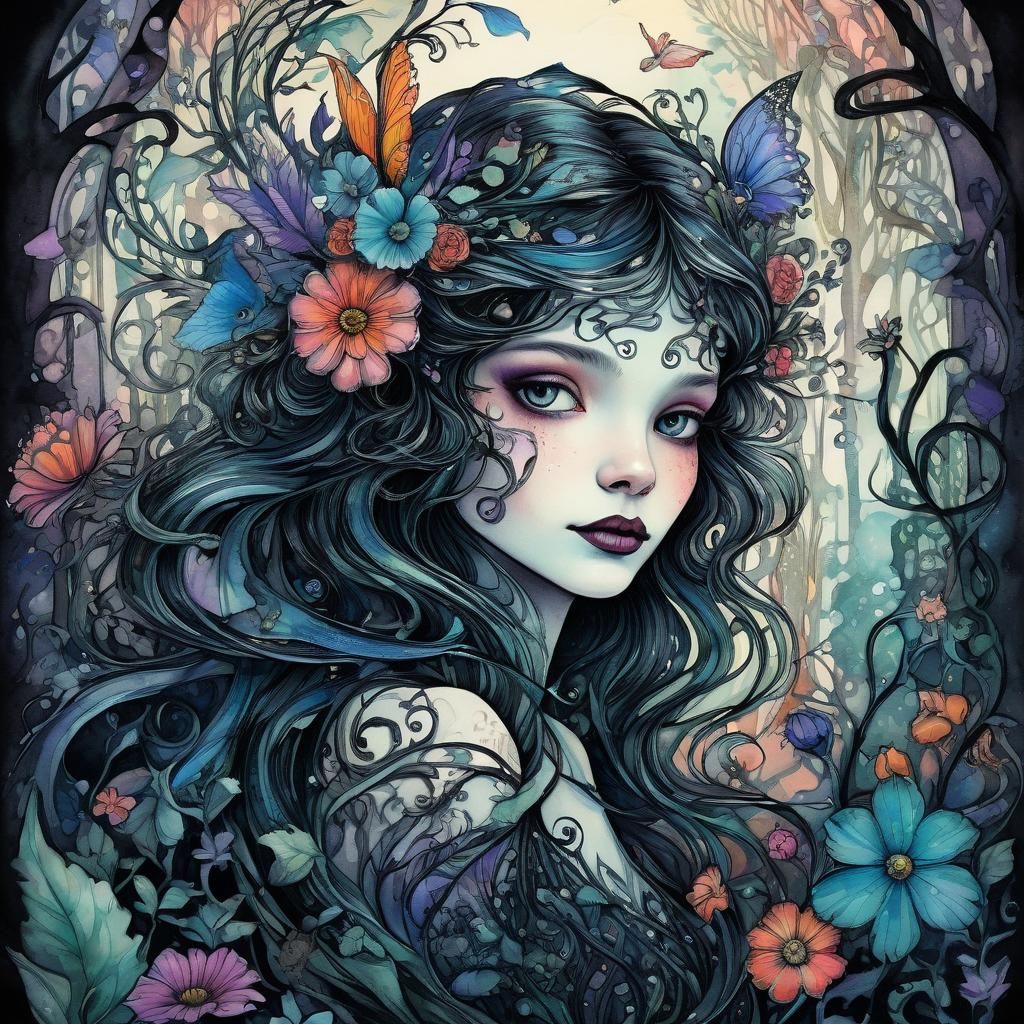 Beautiful Gothic fairy Surrounded by bright colors and an en...