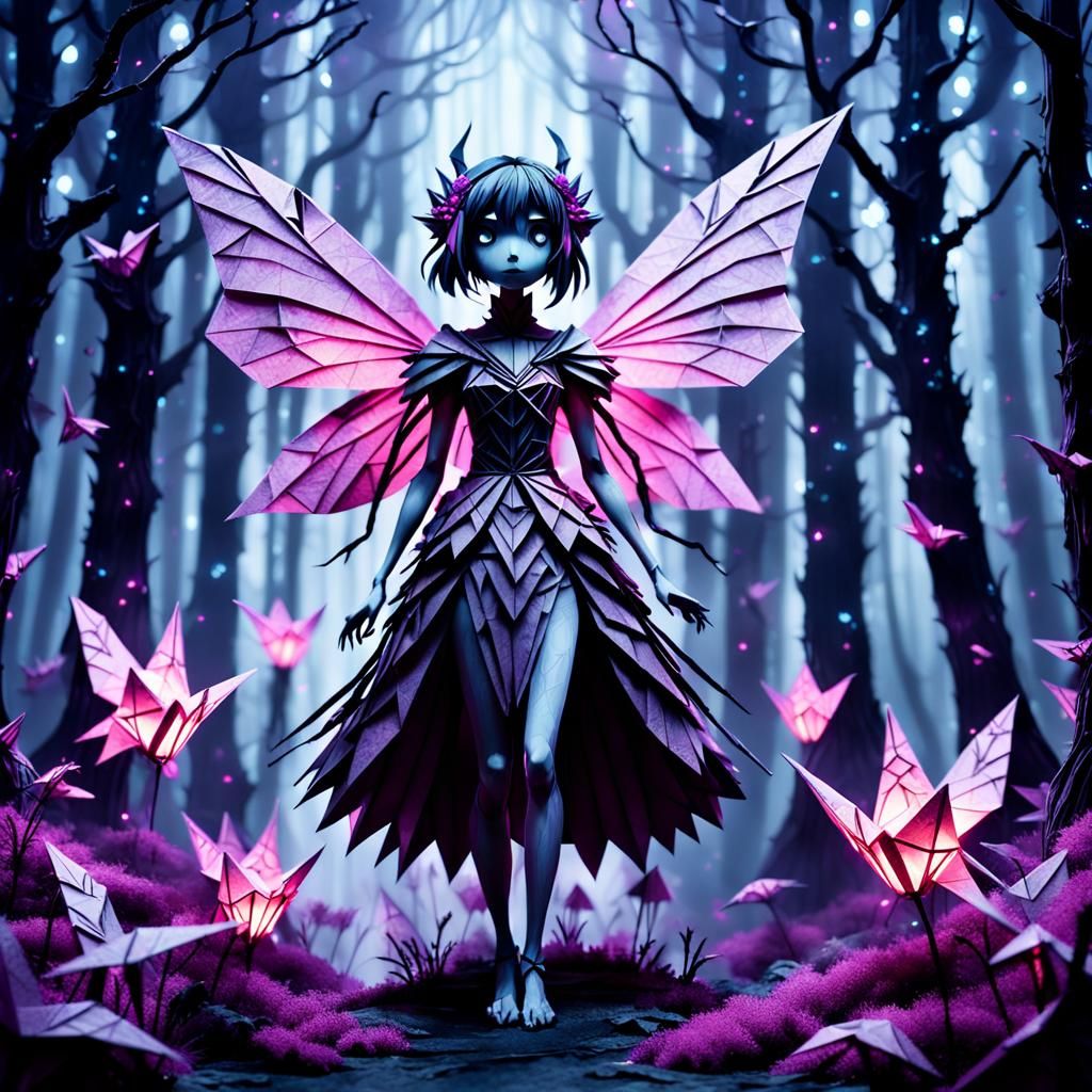 Origami Fairy in Dark Anime Forest, Ink Wash Style