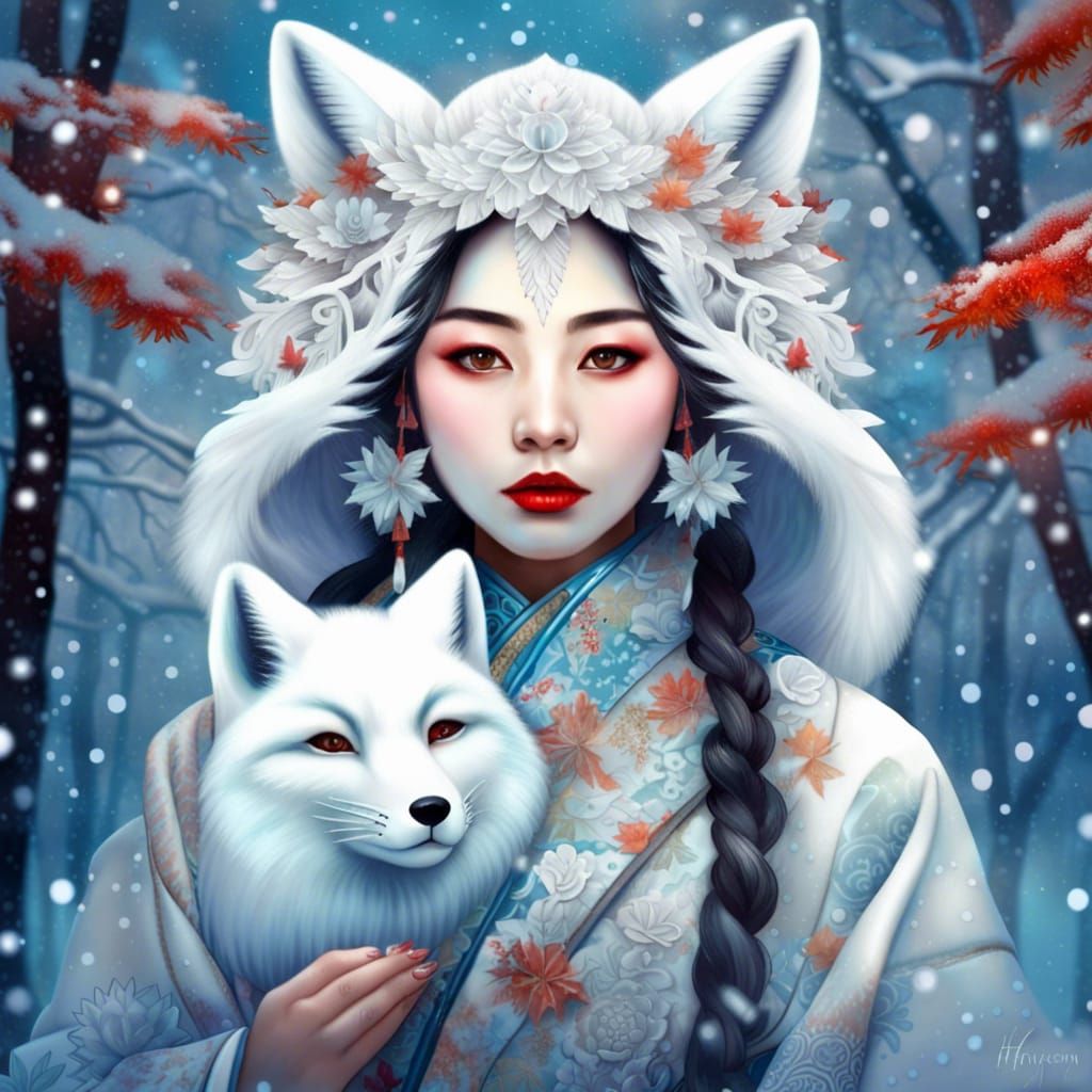 Japanese Folklore Fox Spirit in Winter Forest