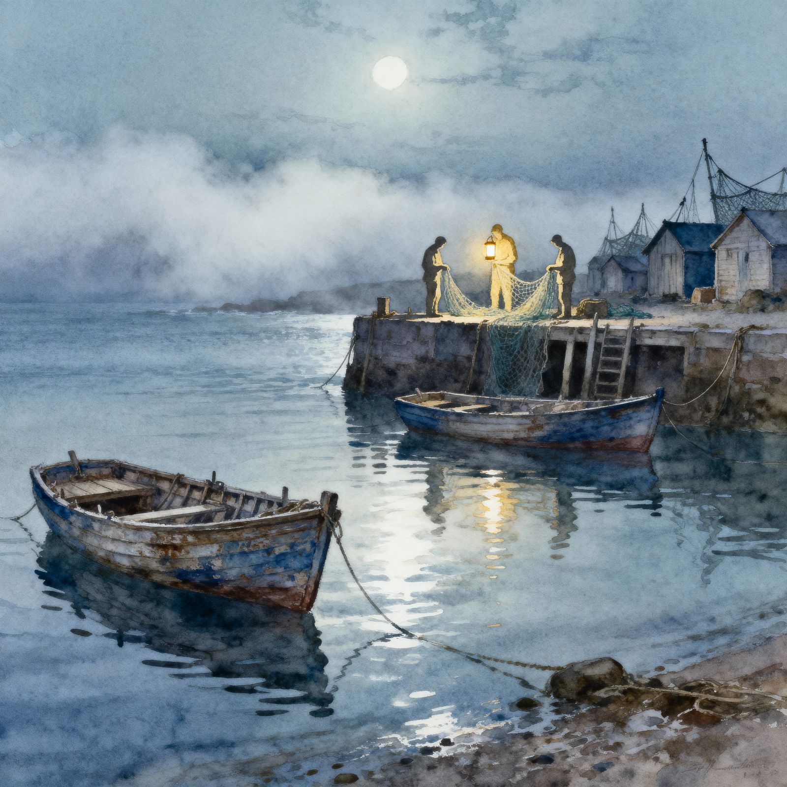 Moonlit Fishing Village with Boats and Mending Nets in Water...