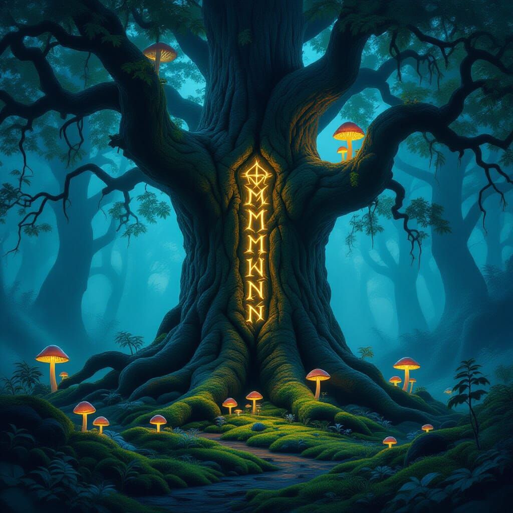 Ancient Oak with Glowing Runes in Misty Enchanted Forest