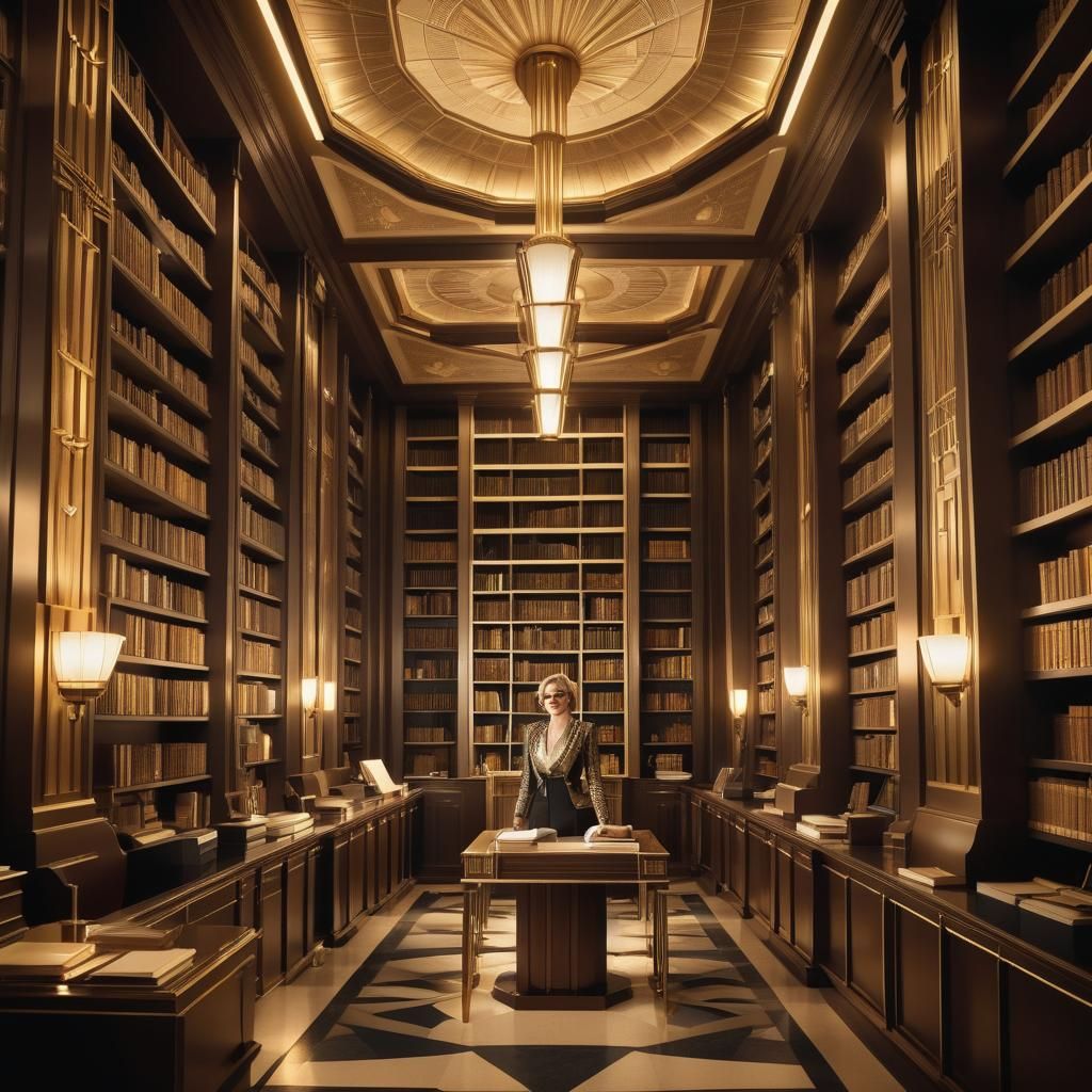 Art Deco Librarian in Opulent Library