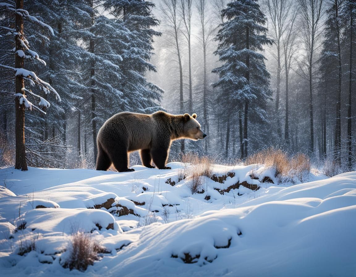 Bear in Winter Forest Scene
