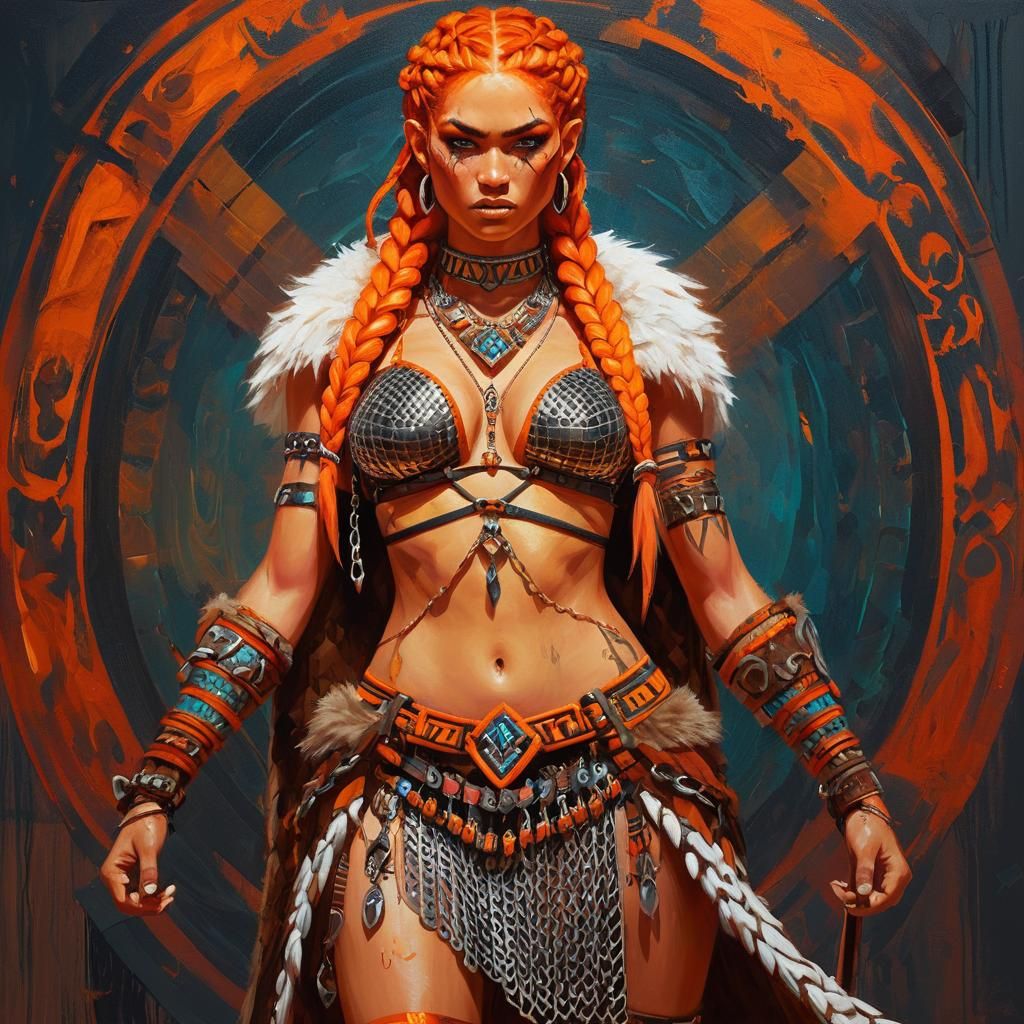 Barbarian Woman with Braids on Battlefield, Expressive Oil P...