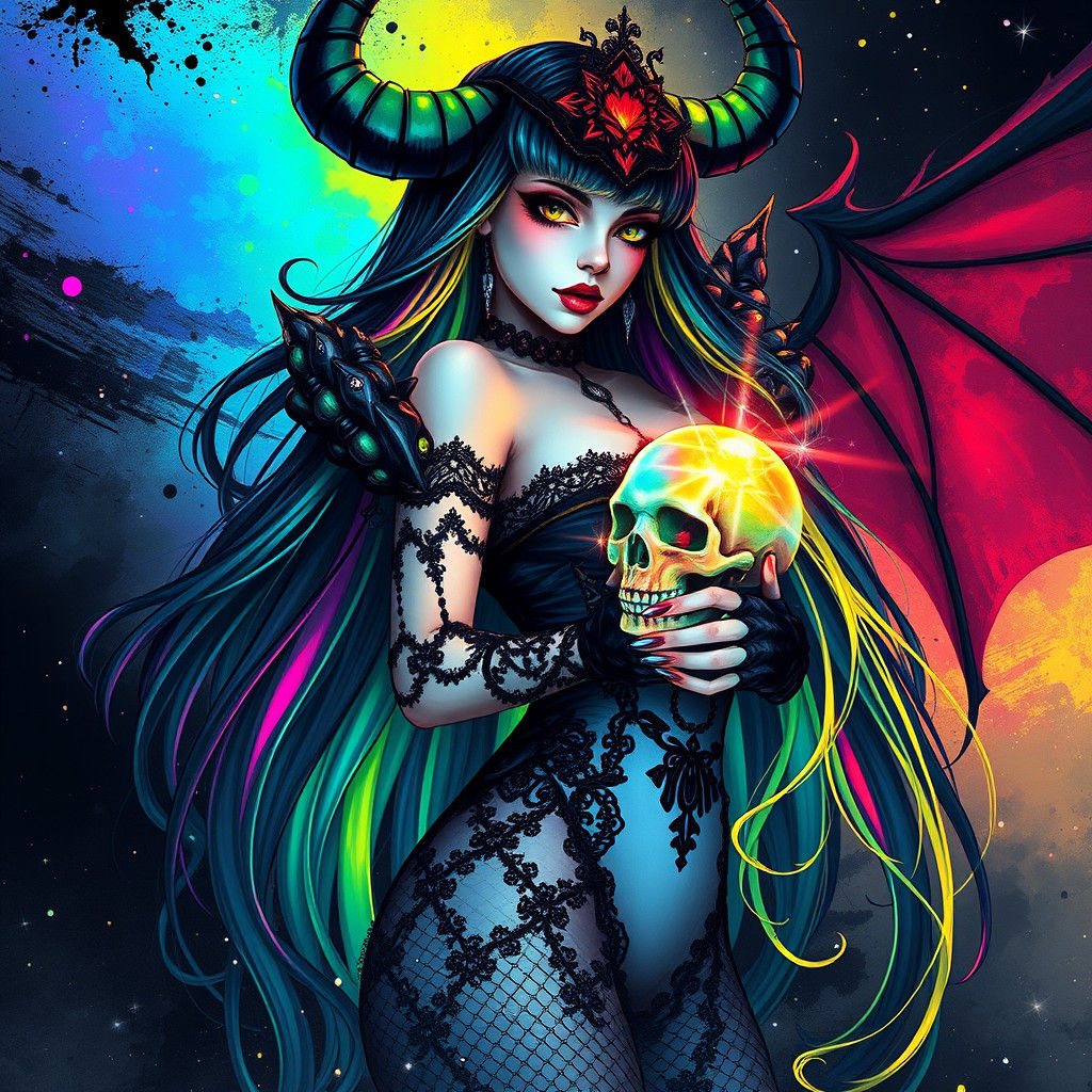 Rainbow Haired Demon Girl with Glowing Skull