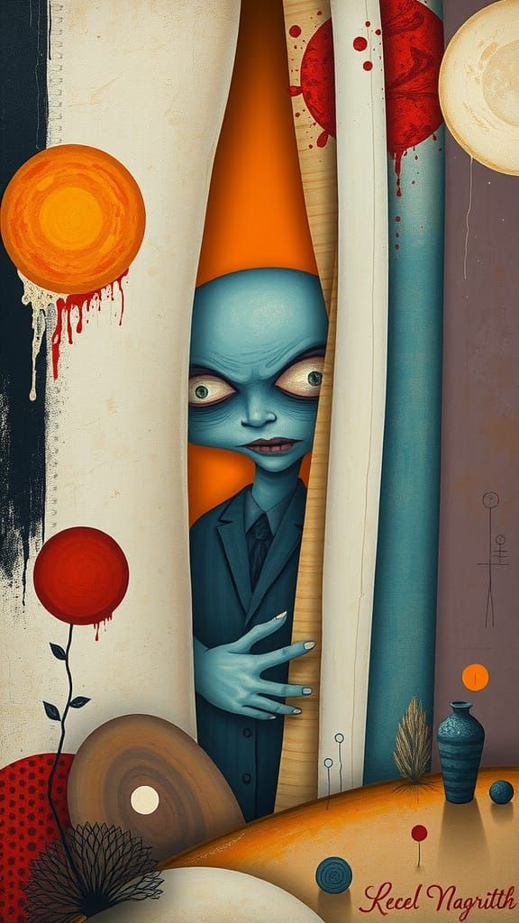 a sinister figure that appears to be peeking from behind an abstract curtain