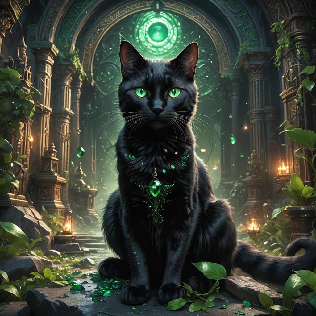 Emerald-Eyed Black Cat: Detailed Fantasy Art