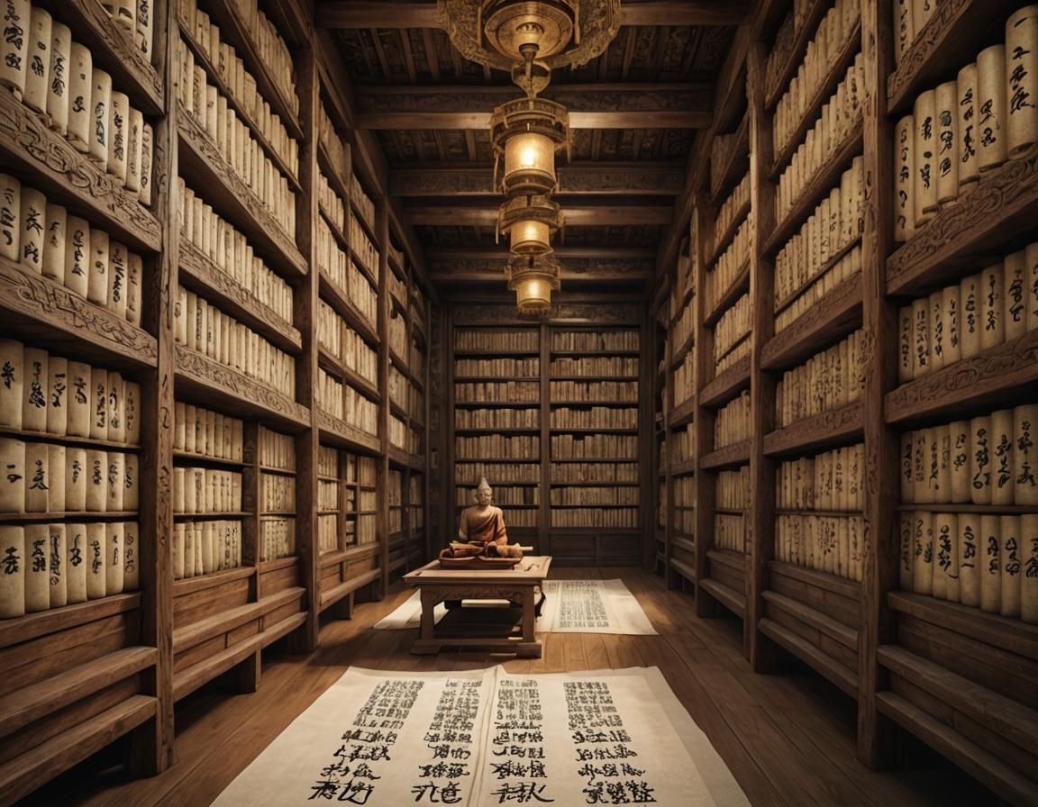 An ancient Buddhist library of scrolls.