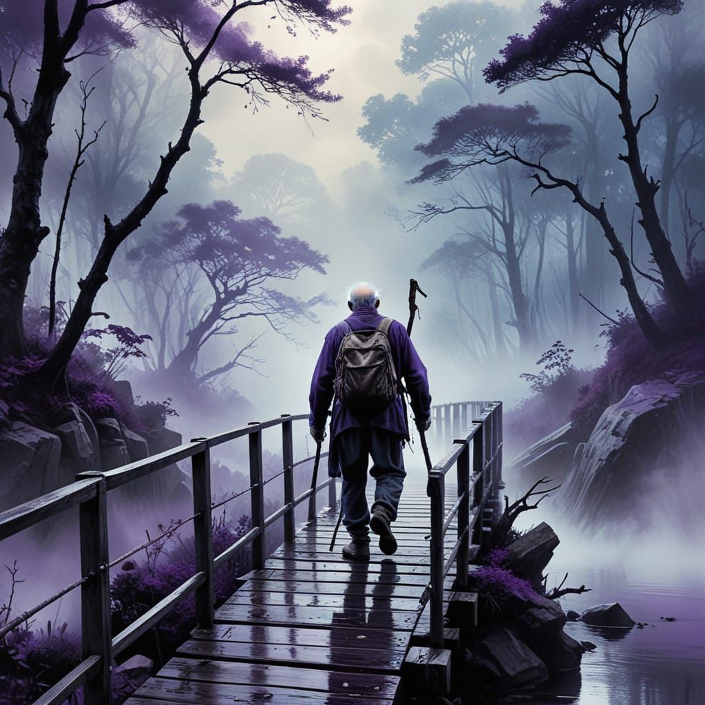 Sumi-e: Old Man Crossing Bridge in Misty Gorge