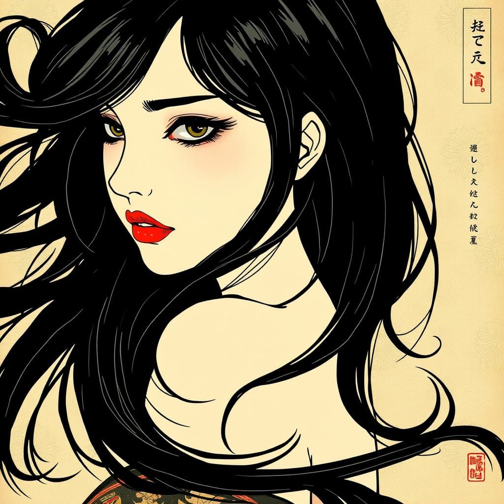 Woman with Black Hair in Ukiyo-e Style