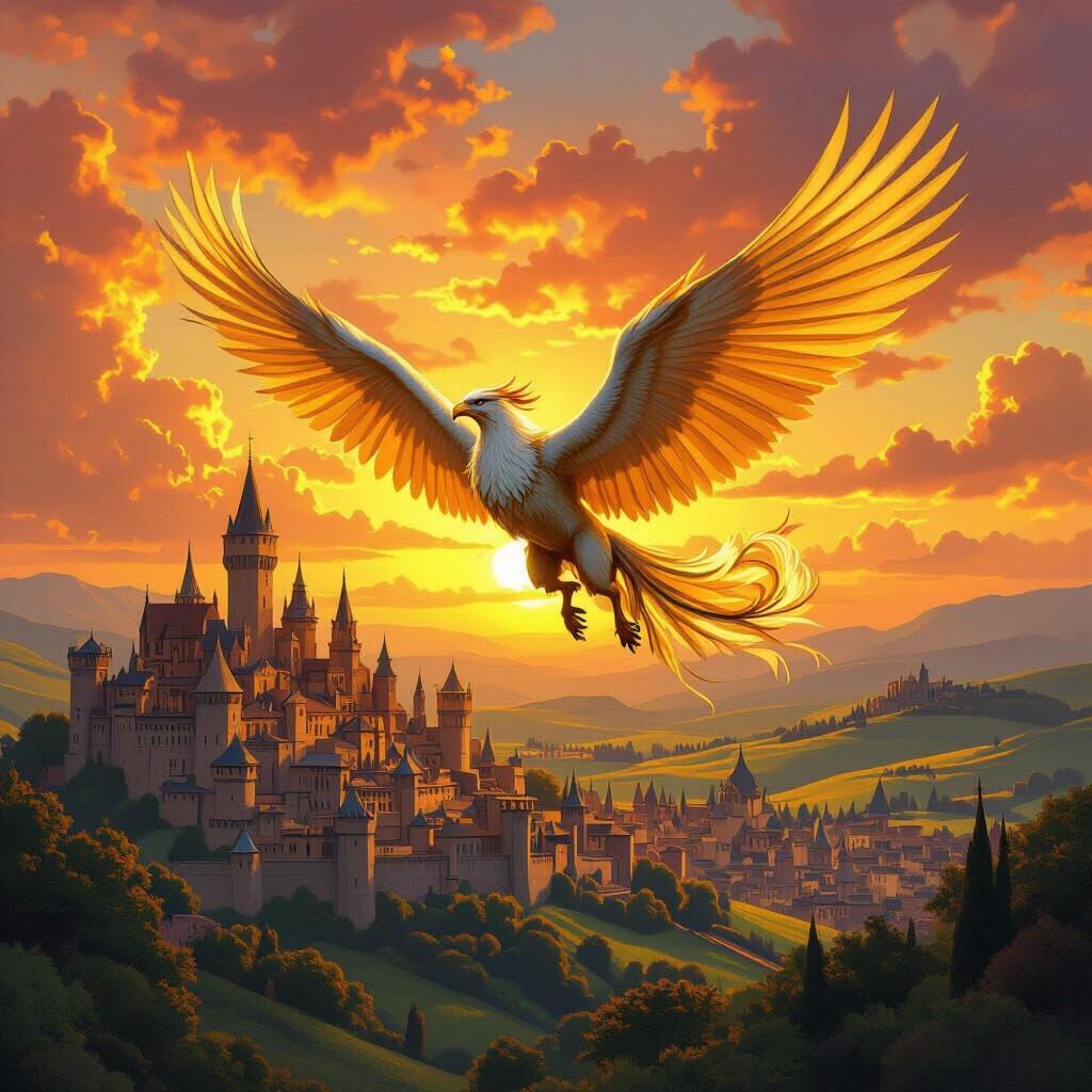 Griffin Soaring Over Medieval City in Fantasy Style
