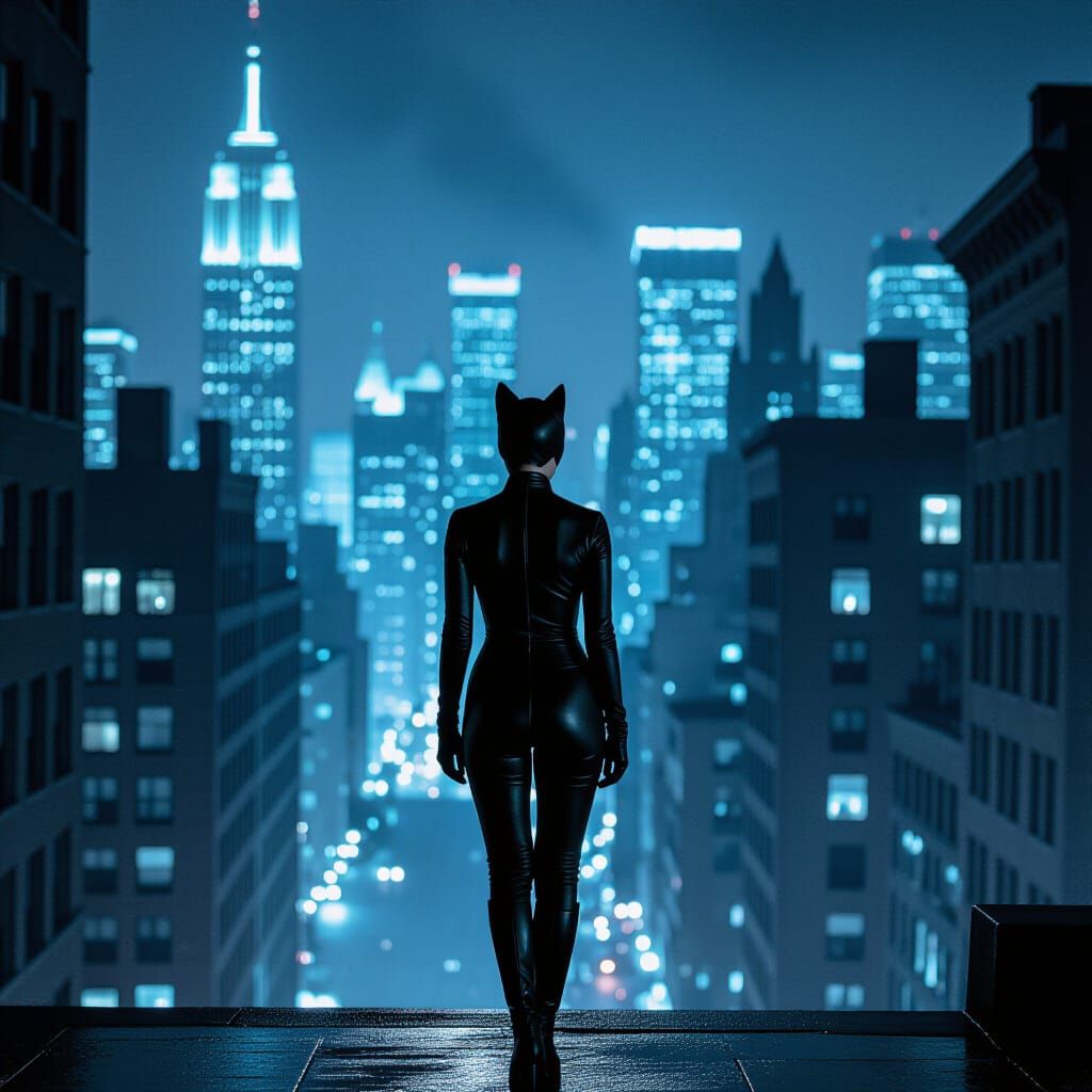 Catwoman in Gritty Cityscape, Cinematic Film Still