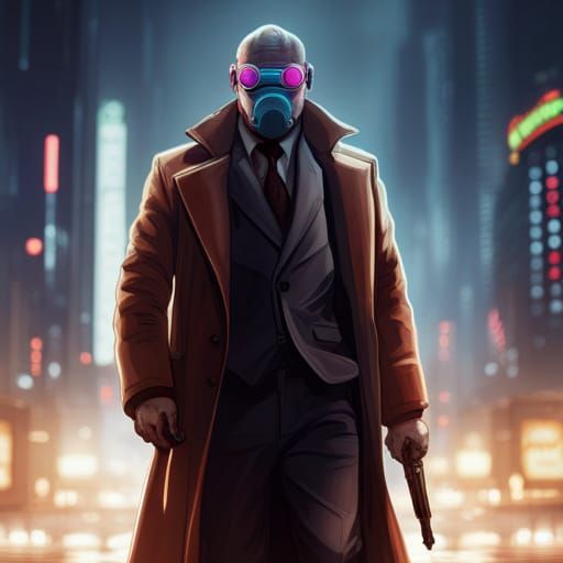 Hippo Masked Man in Cyberpunk City