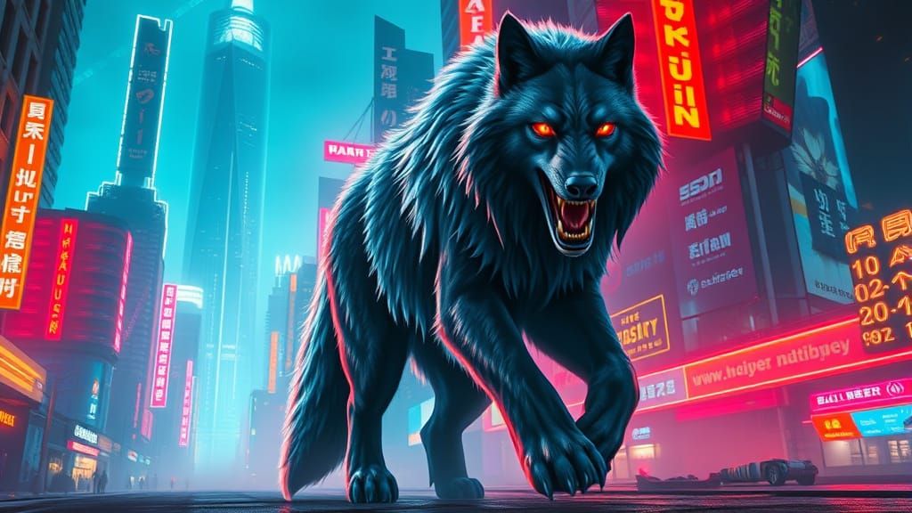 Giant Wolf Fenrir in a Neon Cityscape