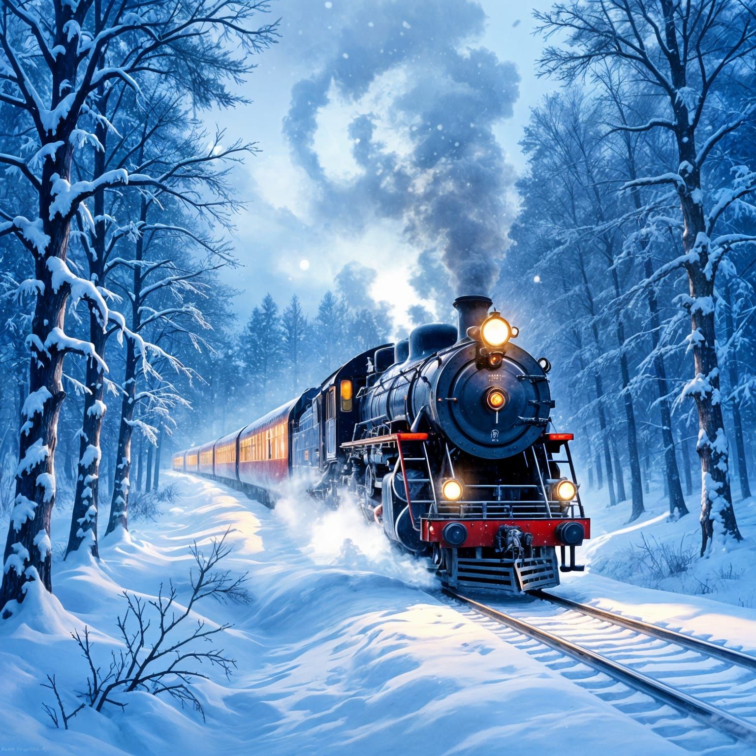 Magical Futuristic Train in Snowy Winter Forest