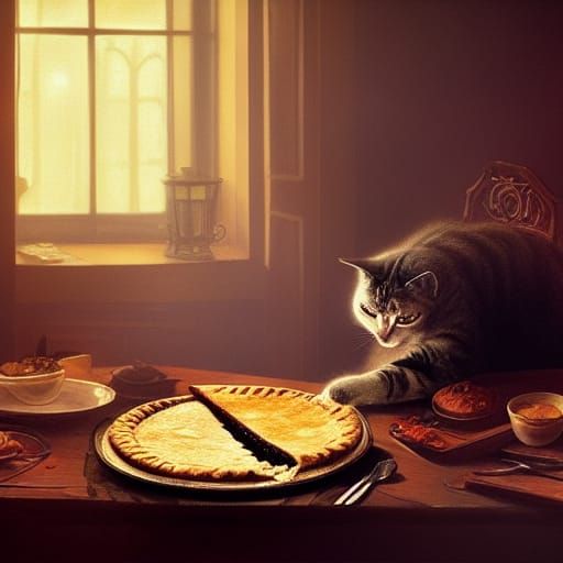 Cat Eating Pie in Dark Fantasy Style