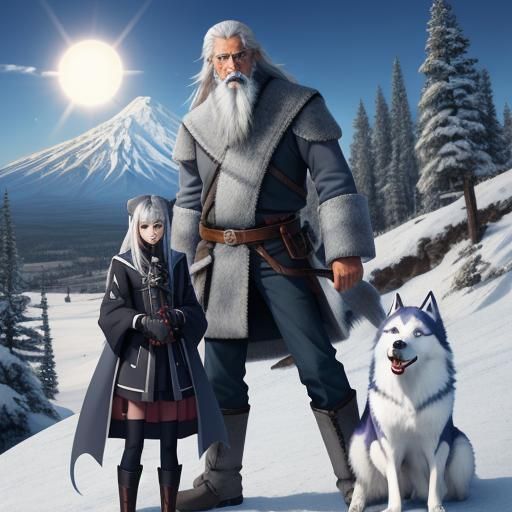 Mountain Carving of Man and Husky in Anime Style