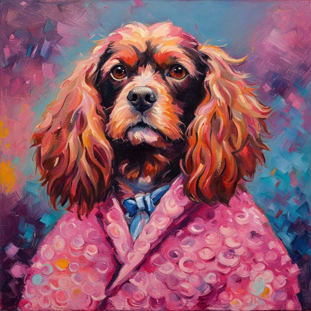 King Charles Cavalier in Pink, Impasto Oil Painting