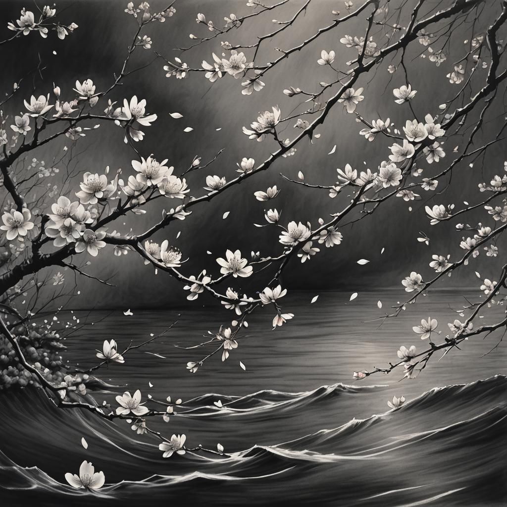 Night Wind Carries Cherry Blossom Petals: Charcoal Drawing