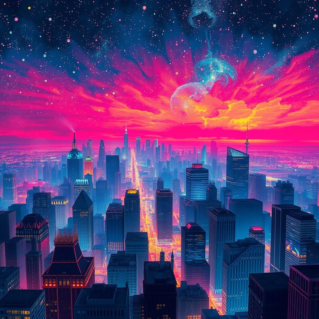 City Awakens Under Starry Sky with Electric Lights