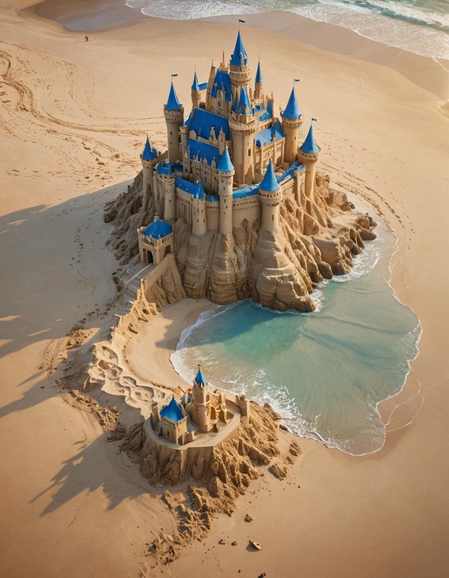 Sandcastle on Beach in Watercolor Style