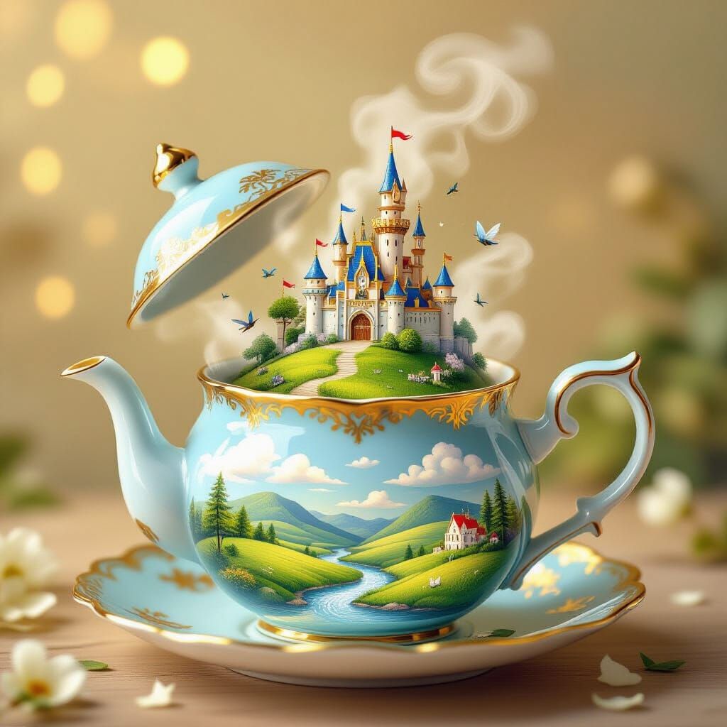 Miniature World Inside a Blue Porcelain Teapot