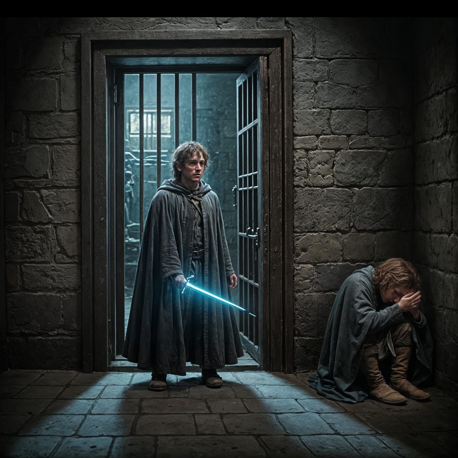 A Hobbit Emerges from Prison, Holding a Glowing Sword