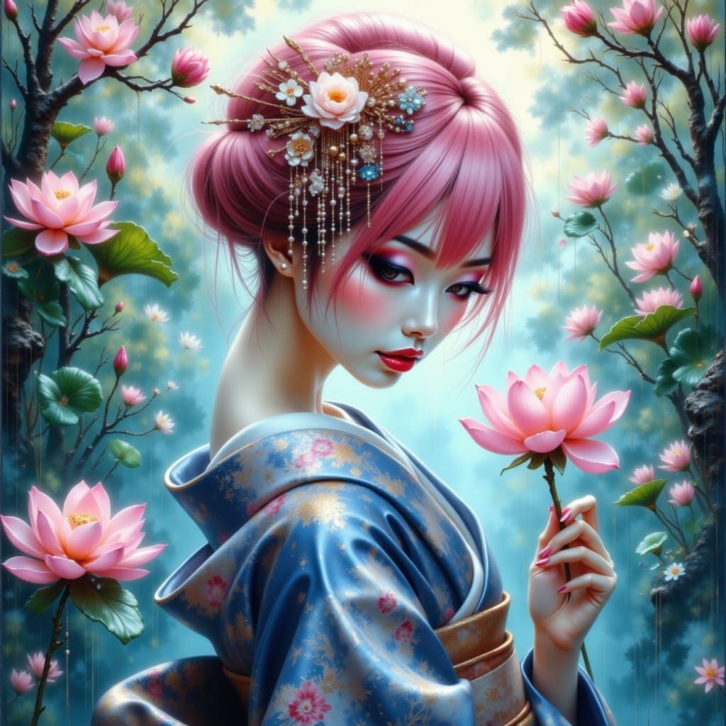 Ukiyo-e Geisha Holding Lotus Blossom in Ethereal Light