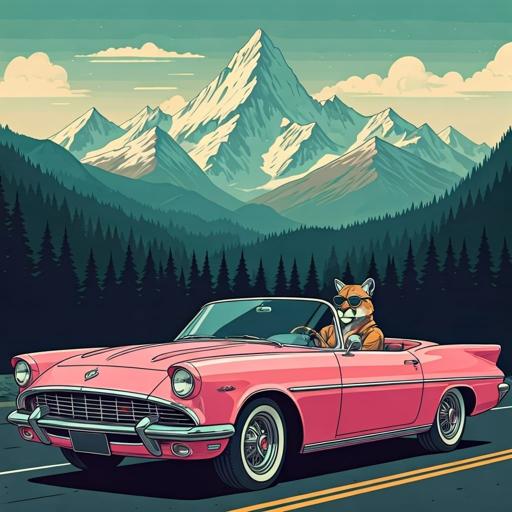 Anthropomorphic Cougar Driving Pink Convertible, Loish Style