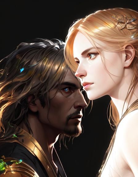 A handsome couple Adam and Eve head and shoulders portrait, ...