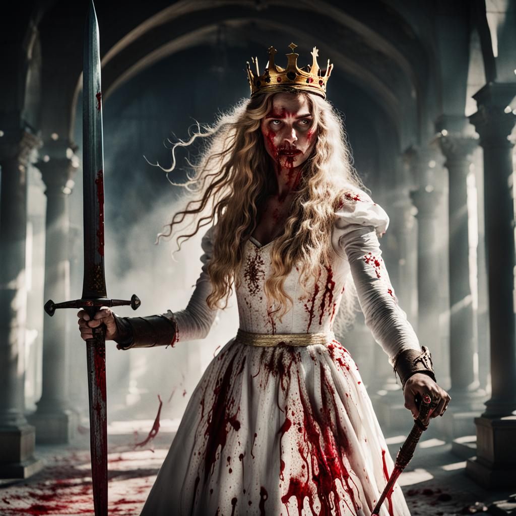 Dramatic Film Still of a Bloodied Queen with Sword