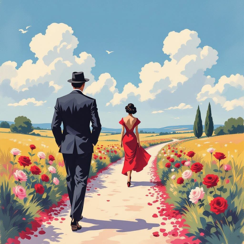 Elegant 1950s Gentleman on Rose Path, in Gouache and Waterco...