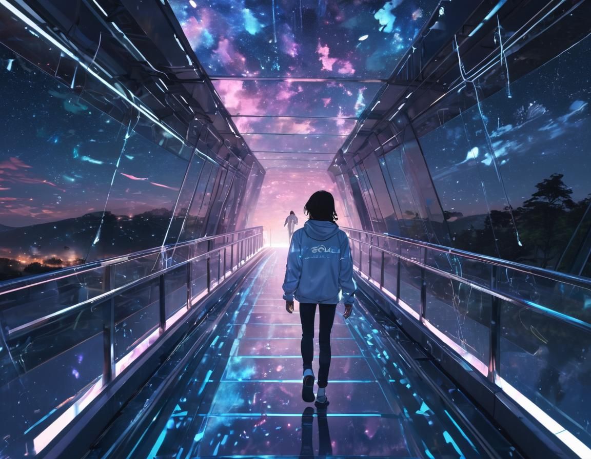 Futuristic Anime Figure on Glass Bridge to the Stars