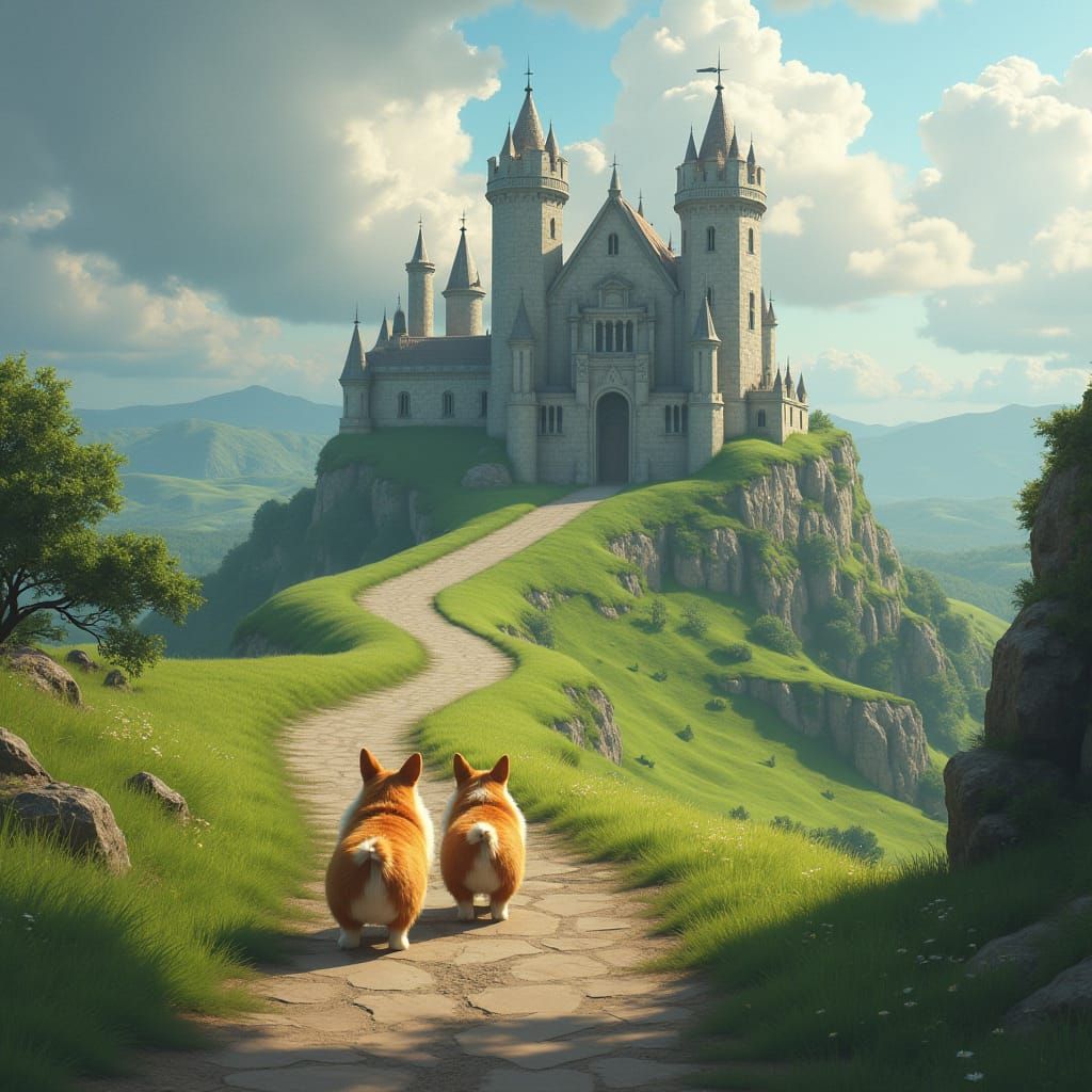 Corgis on a Path to a Fantasy Castle
