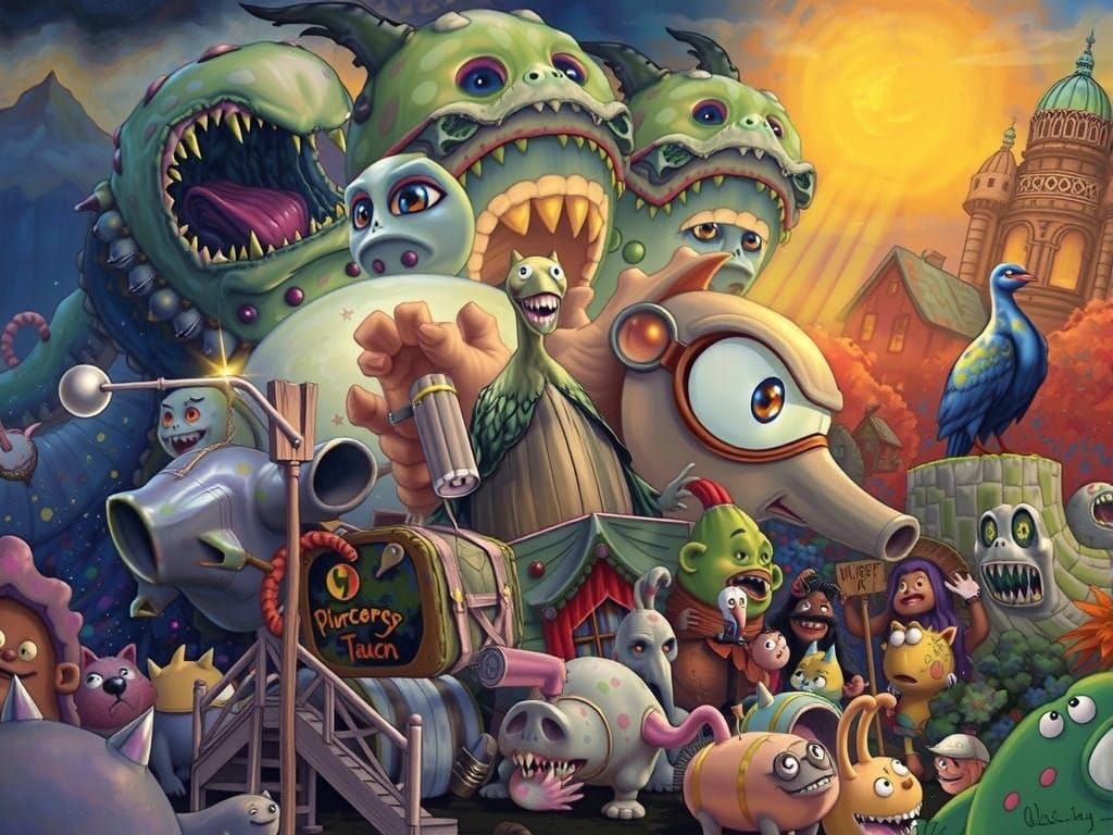 Surreal Monsters Collage in a Dark, Whimsical Art Style