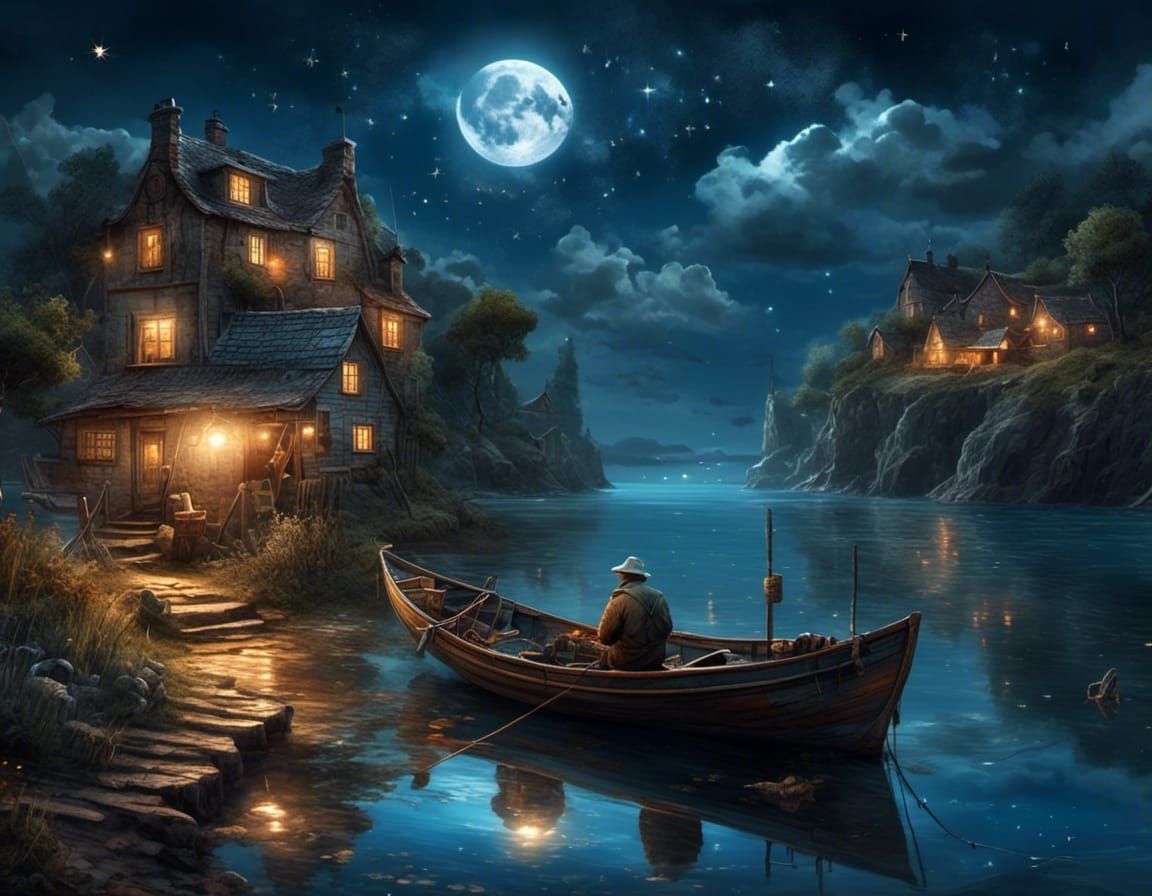 Night Fishing Scene with Two Moons, Hyperrealistic
