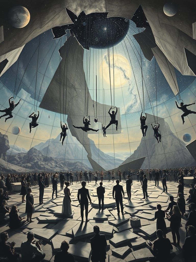 Zero-Gravity Acrobats Perform in Shattered Planetarium