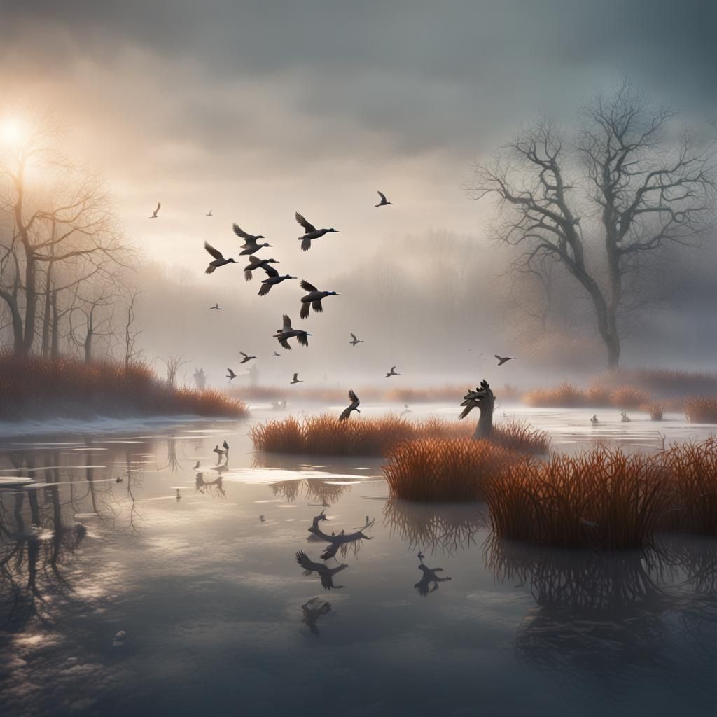 Ducks Landing on Foggy Winter Pond