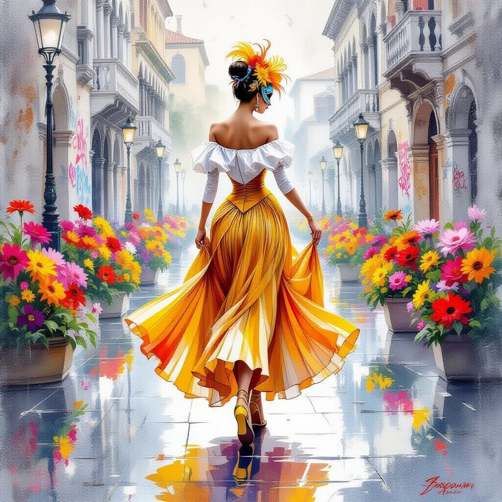 Venetian Ballerina Amidst Flowers in Watercolor Style