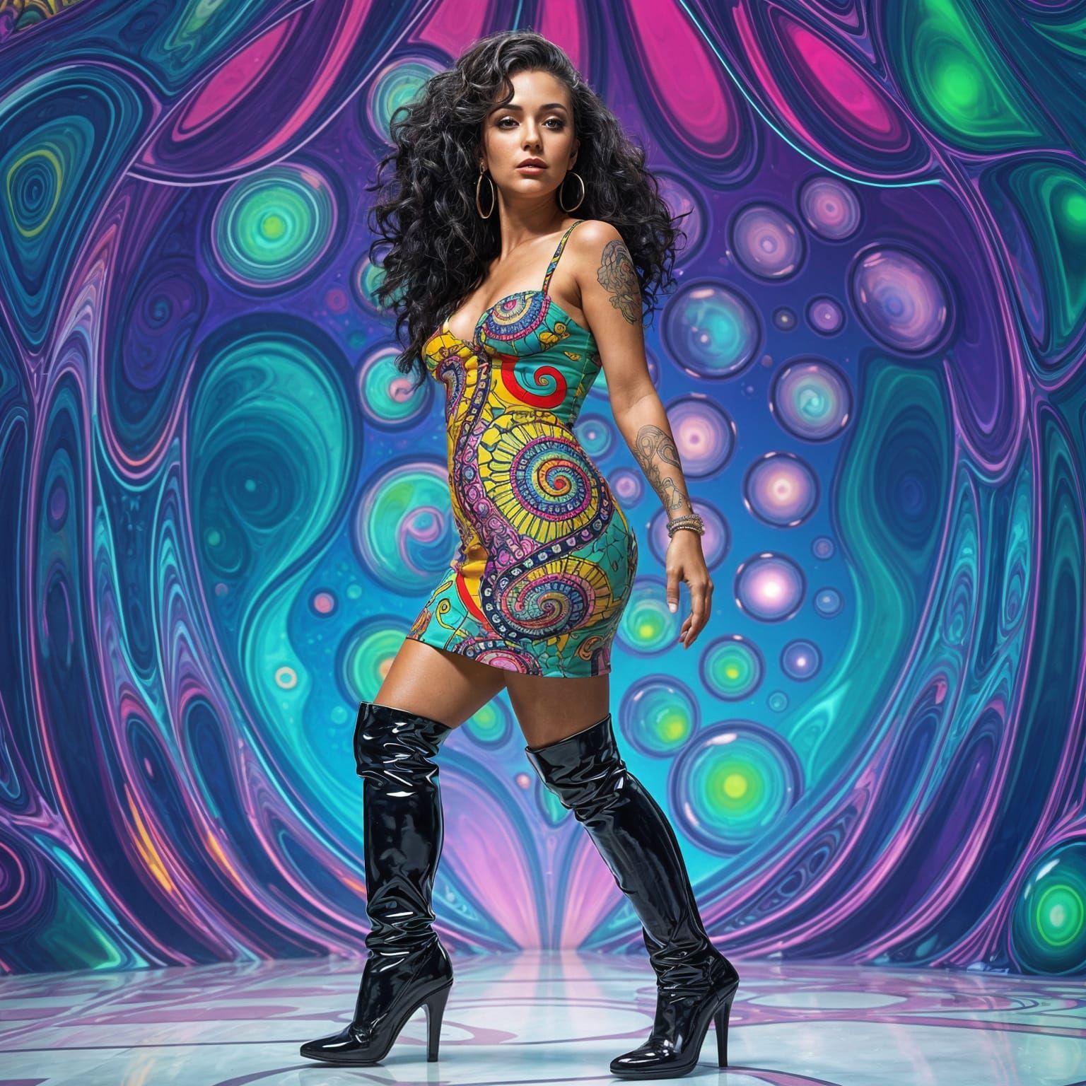 Hyperrealistic 1970s Woman in Vibrant Latex Dress