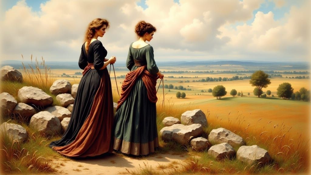 Women Breaking Stones in Rural Landscape, Watercolor Style