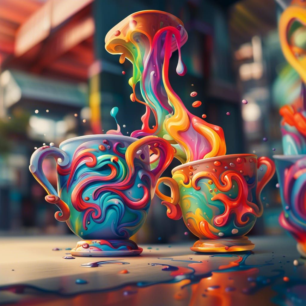 Magical Teacups Overflowing with Colorful Graffiti Paint