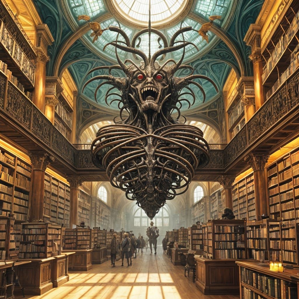 Majestic Balloons in Renaissance Library: Surreal Painting