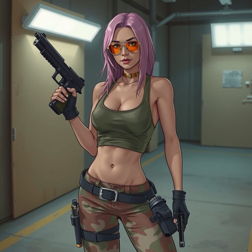 Camo Lara Croft with Pistols, Comic Book Art