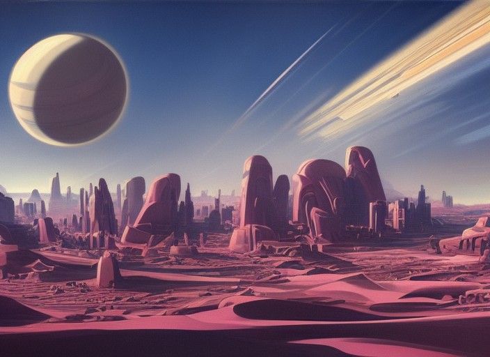 Futuristic Desert City with Rising Planet, Photorealistic