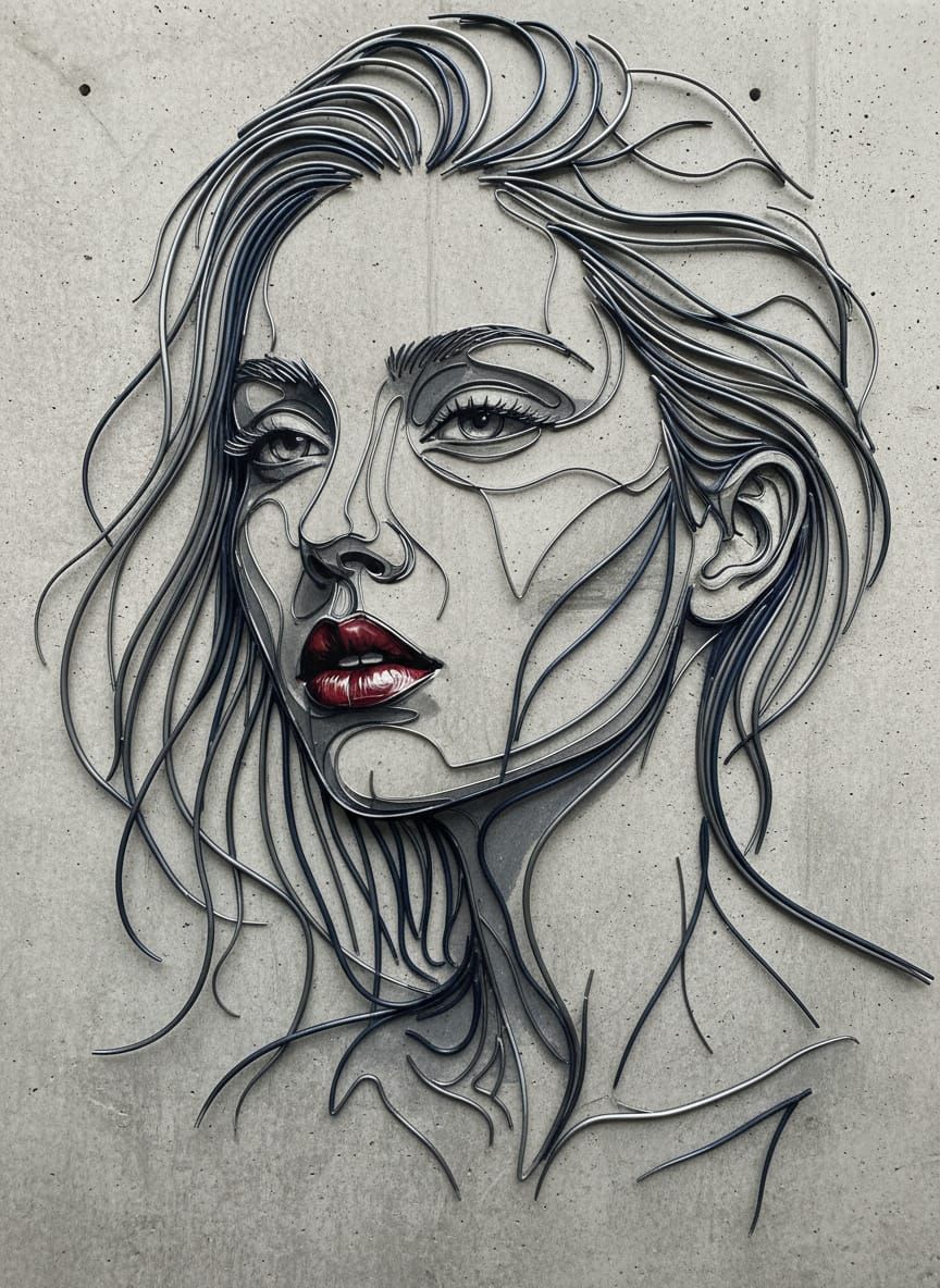 Wire Frame Portrait of Woman with Red Lipstick
