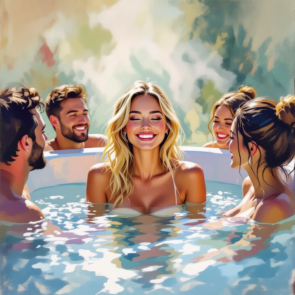 Joyful Friends in Hot Tub: Impressionist Style